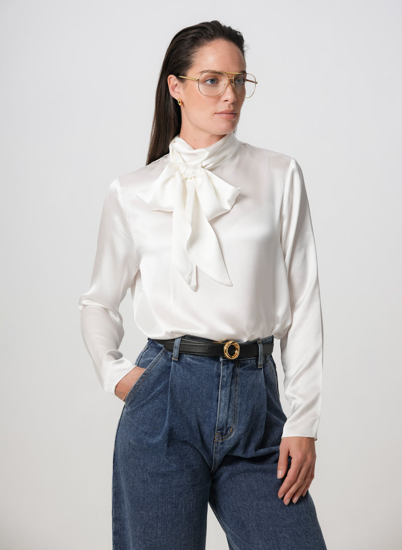 MRS THATCHER IVORY SILK PUSSYBOW BLOUSE