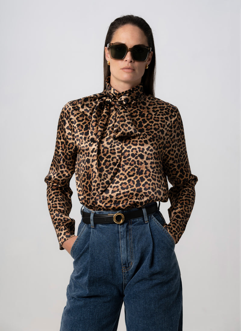 MRS THATCHER LEOPARD SILK PUSSYBOW BLOUSE