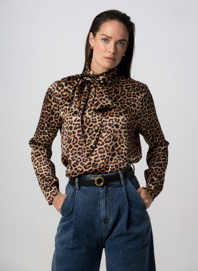 MRS THATCHER LEOPARD SILK PUSSYBOW BLOUSE