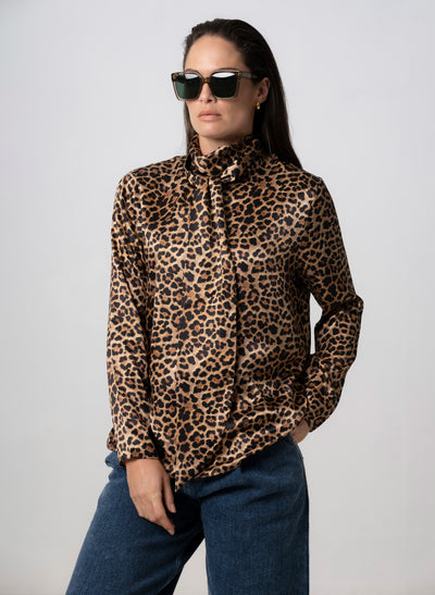 MRS THATCHER LEOPARD SILK PUSSYBOW BLOUSE