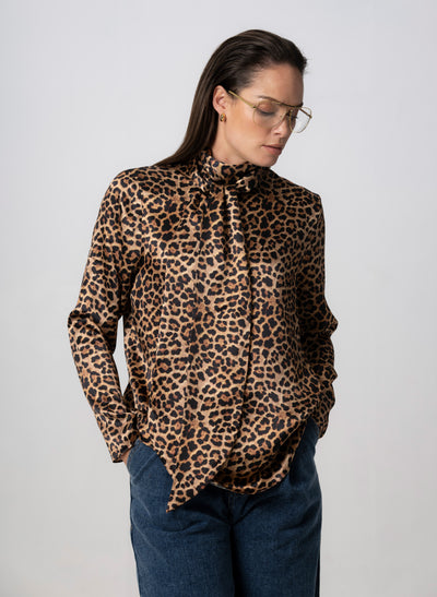 MRS THATCHER LEOPARD SILK PUSSYBOW BLOUSE