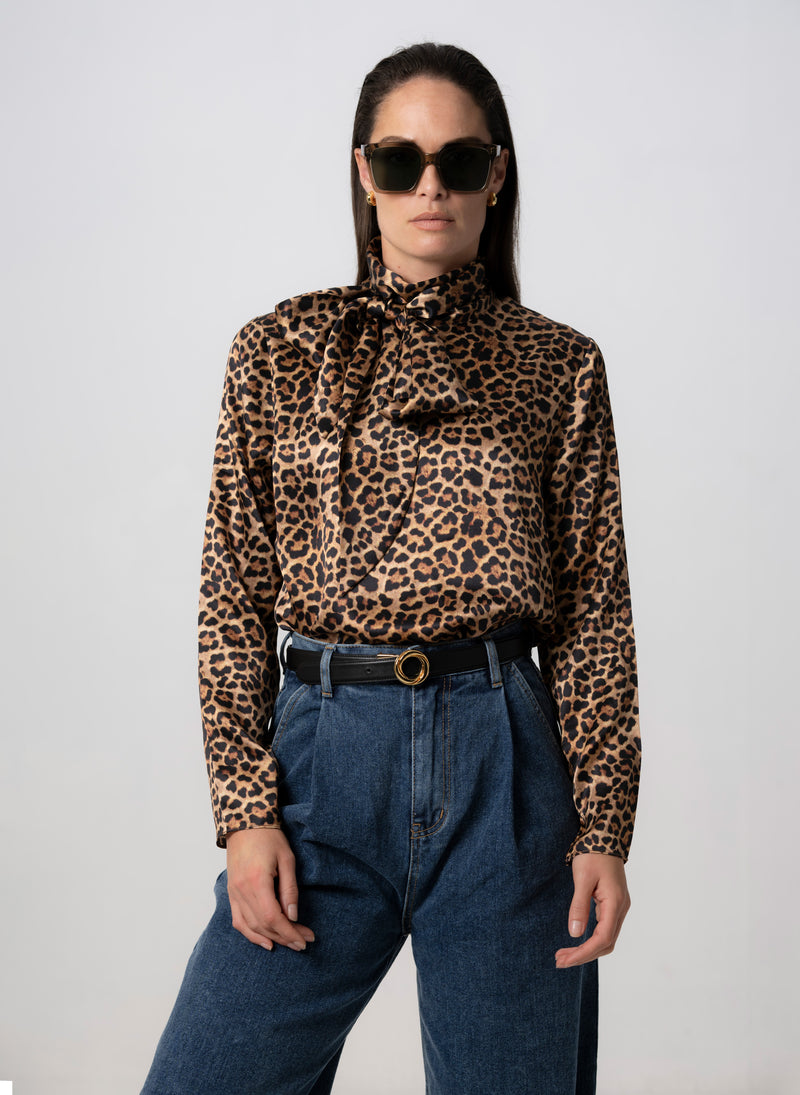 MRS THATCHER LEOPARD SILK PUSSYBOW BLOUSE