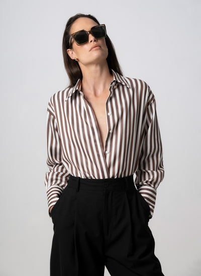 PARIS CHOCOLATE STRIPE “THE FRENCH GIRL” OVERSIZED SHIRT IN TENCEL