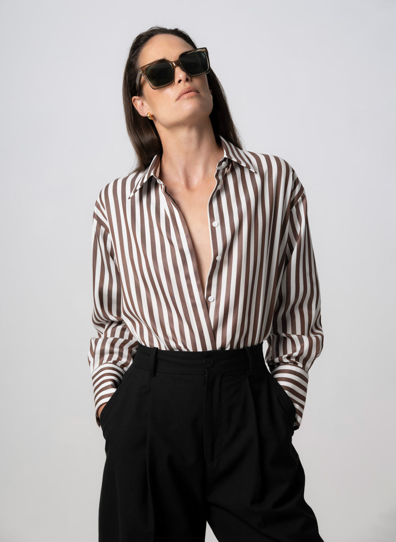 PARIS CHOCOLATE STRIPE “THE FRENCH GIRL” OVERSIZED SHIRT IN TENCEL