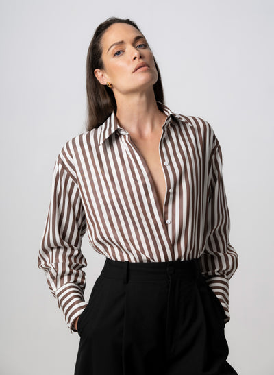 PARIS CHOCOLATE STRIPE “THE FRENCH GIRL” OVERSIZED SHIRT IN TENCEL