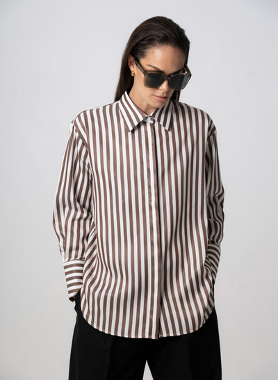 PARIS CHOCOLATE STRIPE “THE FRENCH GIRL” OVERSIZED SHIRT IN TENCEL