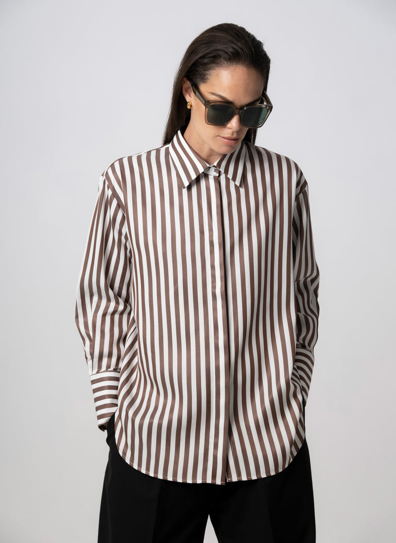 PARIS CHOCOLATE STRIPE “THE FRENCH GIRL” OVERSIZED SHIRT IN TENCEL