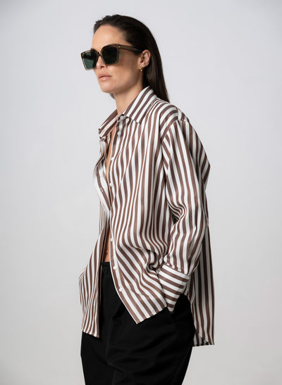 PARIS CHOCOLATE STRIPE “THE FRENCH GIRL” OVERSIZED SHIRT IN TENCEL