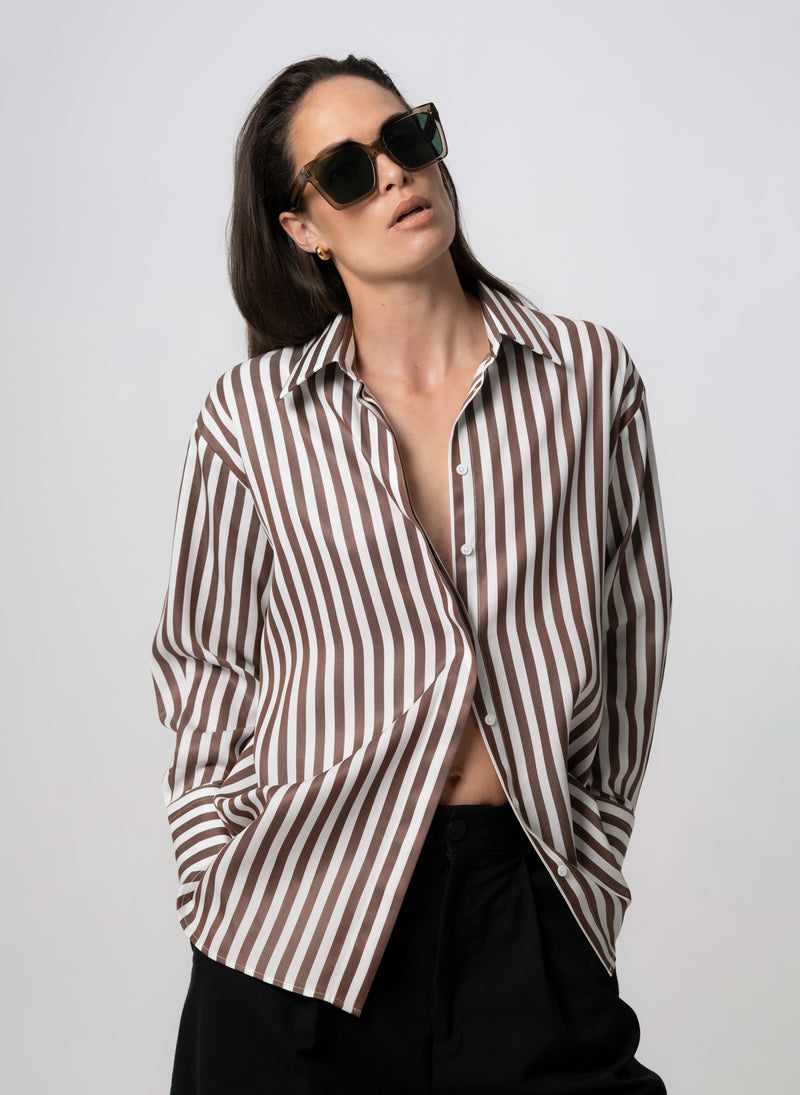 PARIS CHOCOLATE STRIPE “THE FRENCH GIRL” OVERSIZED SHIRT IN TENCEL