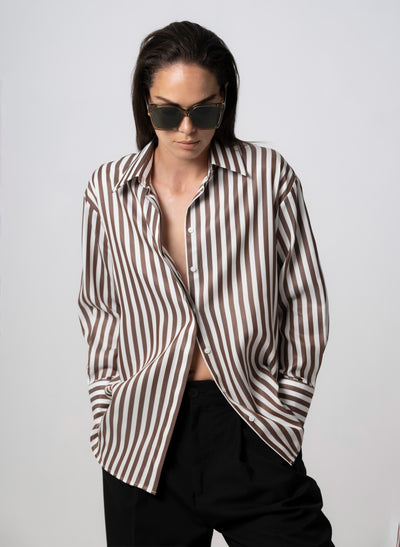 PARIS CHOCOLATE STRIPE “THE FRENCH GIRL” OVERSIZED SHIRT IN TENCEL