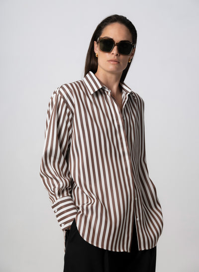 PARIS CHOCOLATE STRIPE “THE FRENCH GIRL” OVERSIZED SHIRT IN TENCEL