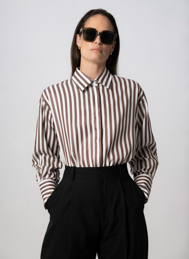 PARIS CHOCOLATE STRIPE “THE FRENCH GIRL” OVERSIZED SHIRT IN TENCEL