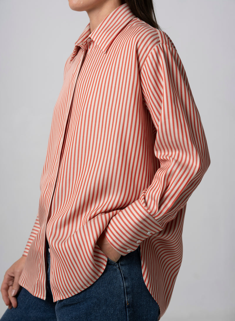 PARIS VERMILLION ECRU STRIPE “THE FRENCH GIRL” OVERSIZED SHIRT IN TENCEL