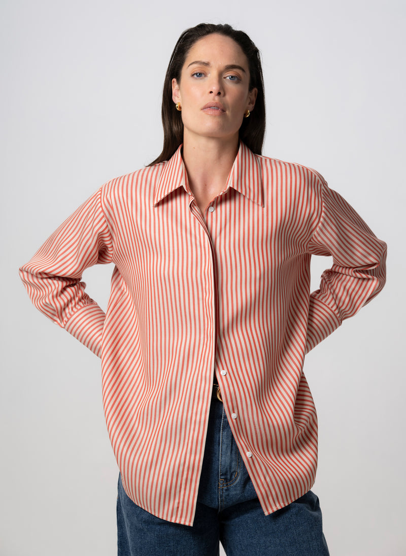 PARIS VERMILLION ECRU STRIPE “THE FRENCH GIRL” OVERSIZED SHIRT IN TENCEL