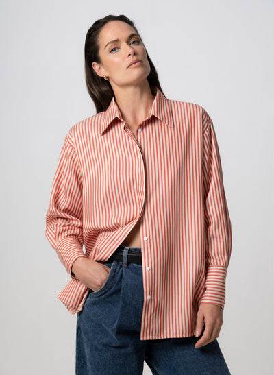 PARIS VERMILLION ECRU STRIPE “THE FRENCH GIRL” OVERSIZED SHIRT IN TENCEL