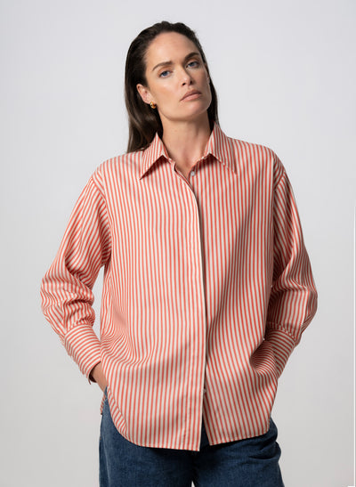 PARIS VERMILLION ECRU STRIPE “THE FRENCH GIRL” OVERSIZED SHIRT IN TENCEL