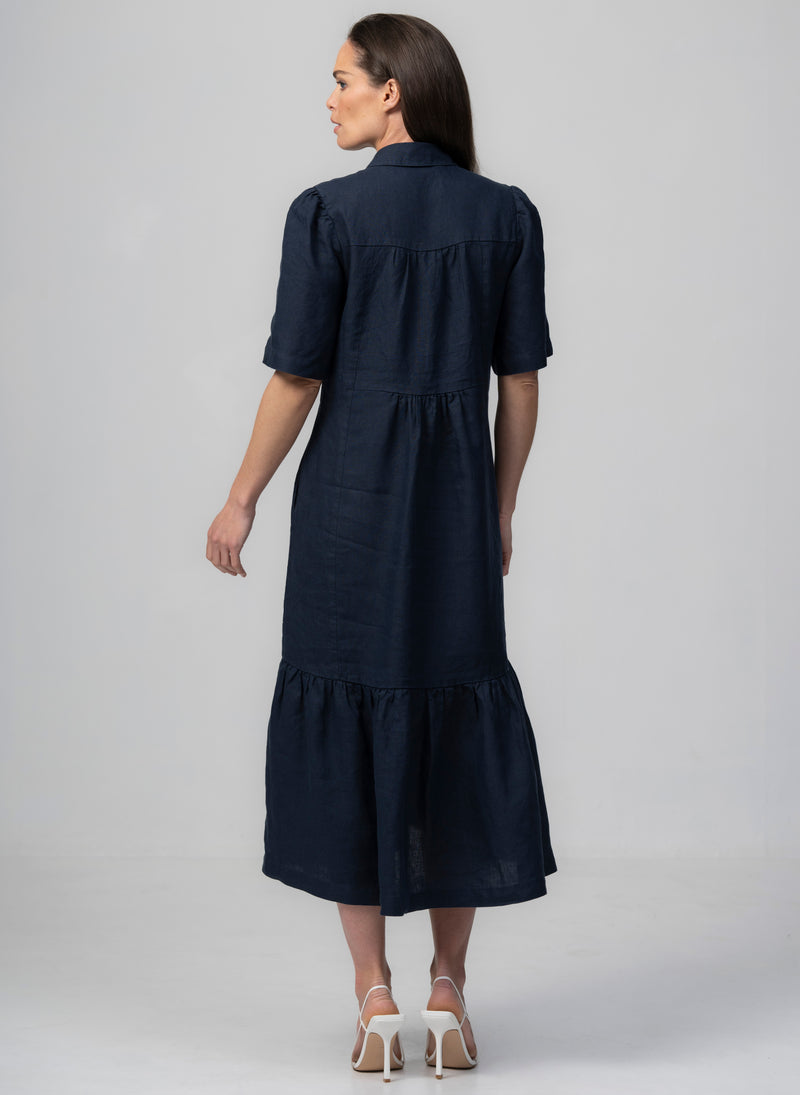 PROVENCE-II NAVY 100% LINEN EASY FIT MIDI SHIRT DRESS