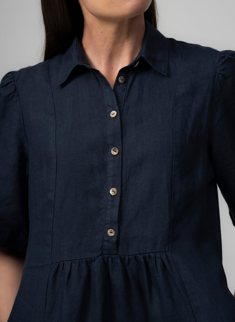 PROVENCE-II NAVY 100% LINEN EASY FIT MIDI SHIRT DRESS