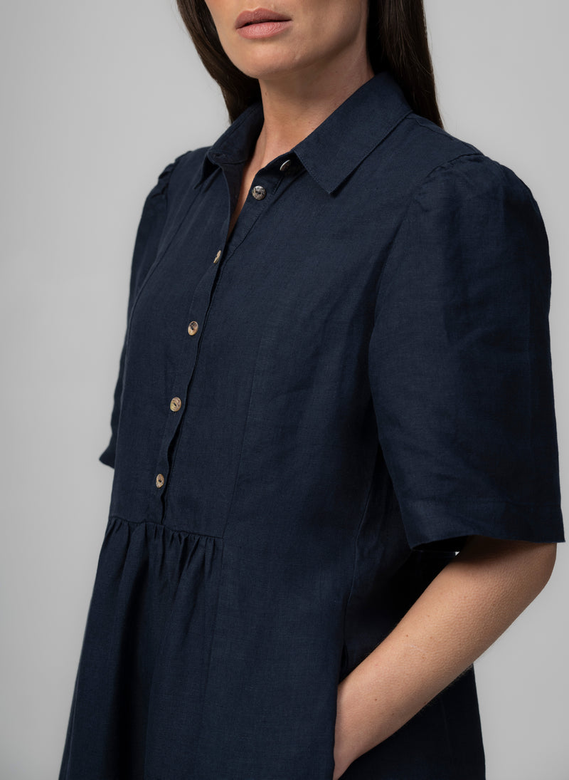 PROVENCE-II NAVY 100% LINEN EASY FIT MIDI SHIRT DRESS