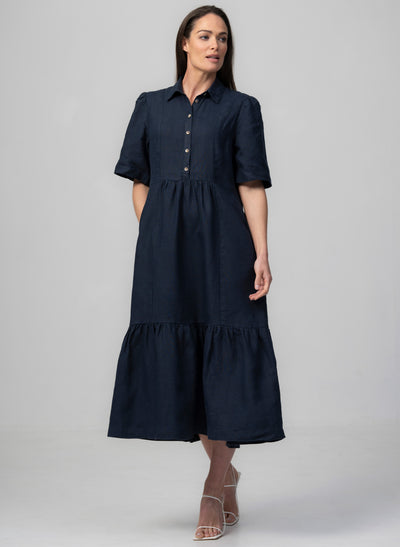 PROVENCE-II NAVY 100% LINEN EASY FIT MIDI SHIRT DRESS