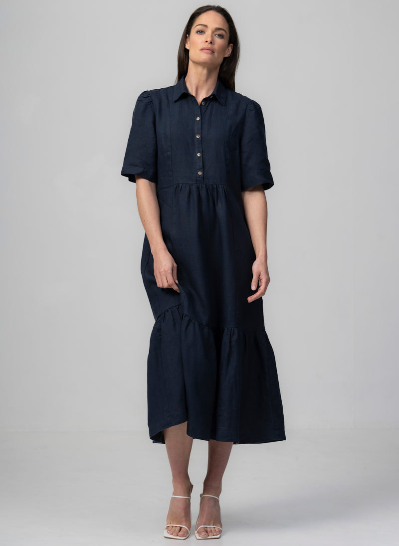 PROVENCE-II NAVY 100% LINEN EASY FIT MIDI SHIRT DRESS