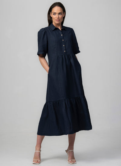 PROVENCE-II NAVY 100% LINEN EASY FIT MIDI SHIRT DRESS