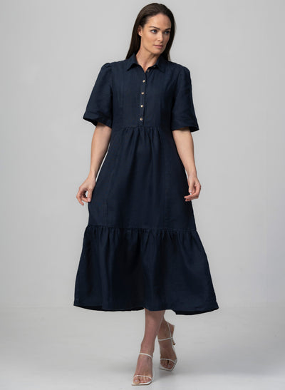 PROVENCE-II NAVY 100% LINEN EASY FIT MIDI SHIRT DRESS