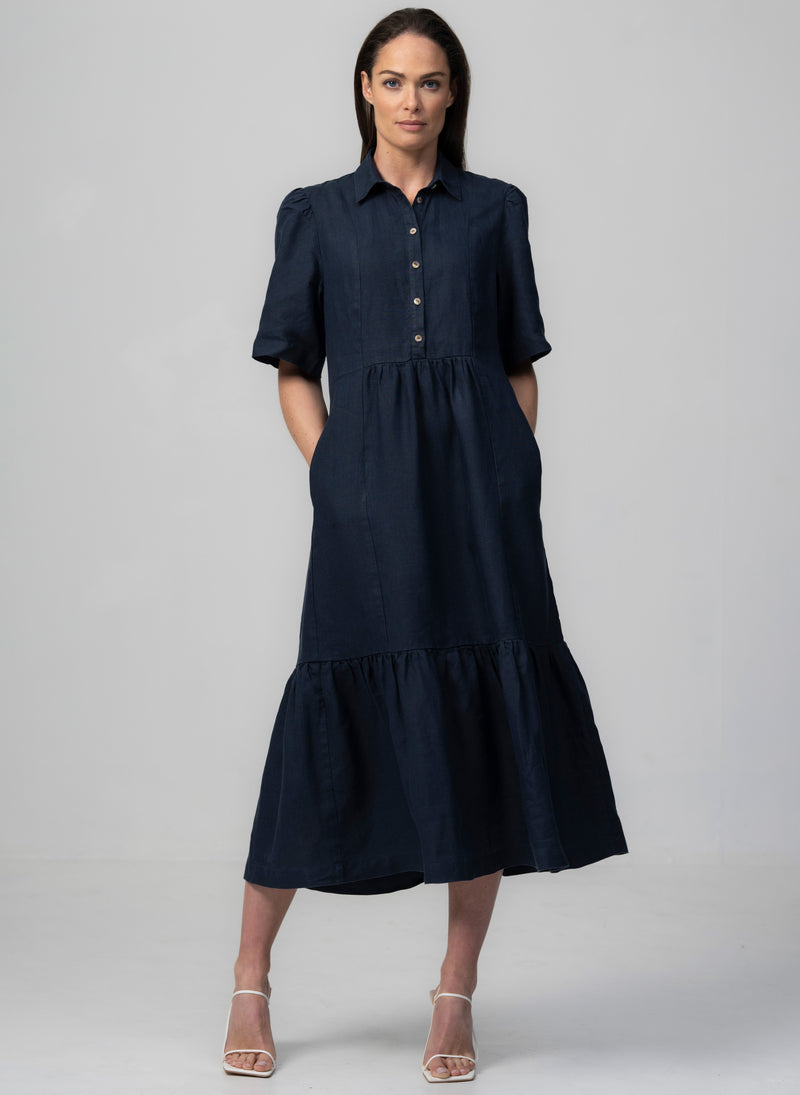 PROVENCE-II NAVY 100% LINEN EASY FIT MIDI SHIRT DRESS