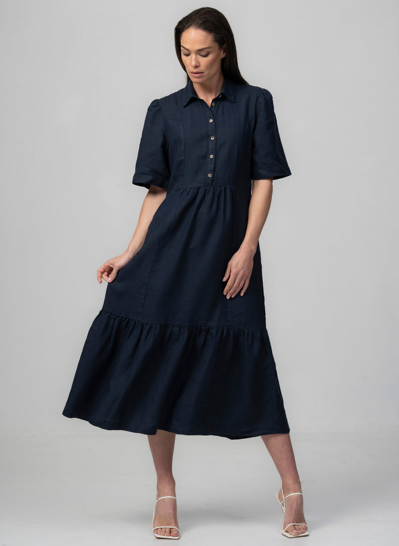 PROVENCE-II NAVY 100% LINEN EASY FIT MIDI SHIRT DRESS