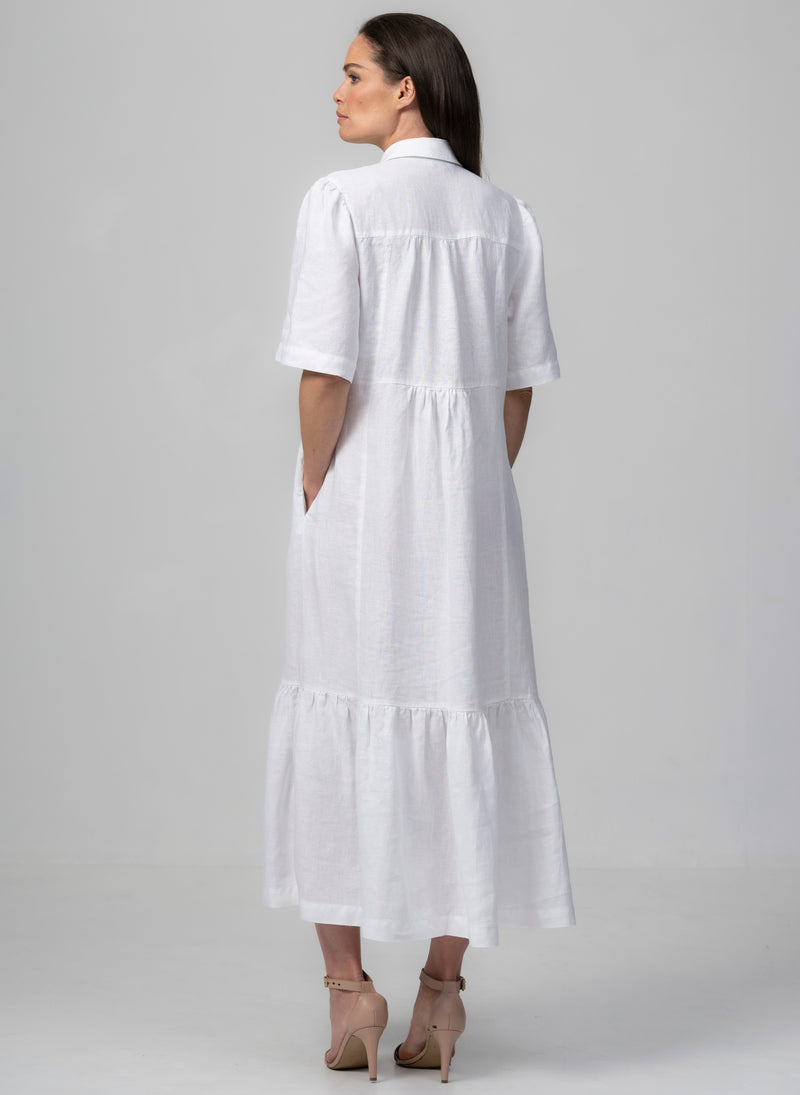 PROVENCE-II WHITE 100% LINEN EASY FIT MIDI SHIRT DRESS