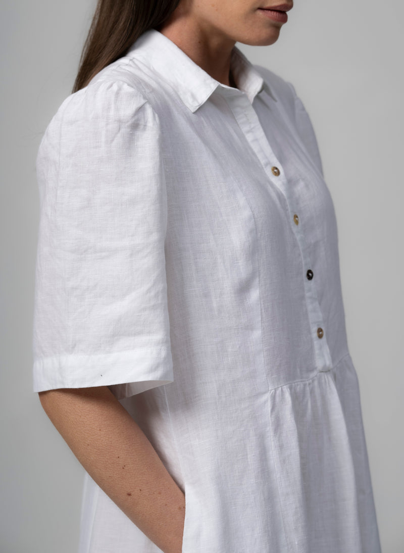 PROVENCE-II WHITE 100% LINEN EASY FIT MIDI SHIRT DRESS