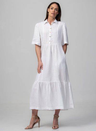 PROVENCE-II WHITE 100% LINEN EASY FIT MIDI SHIRT DRESS