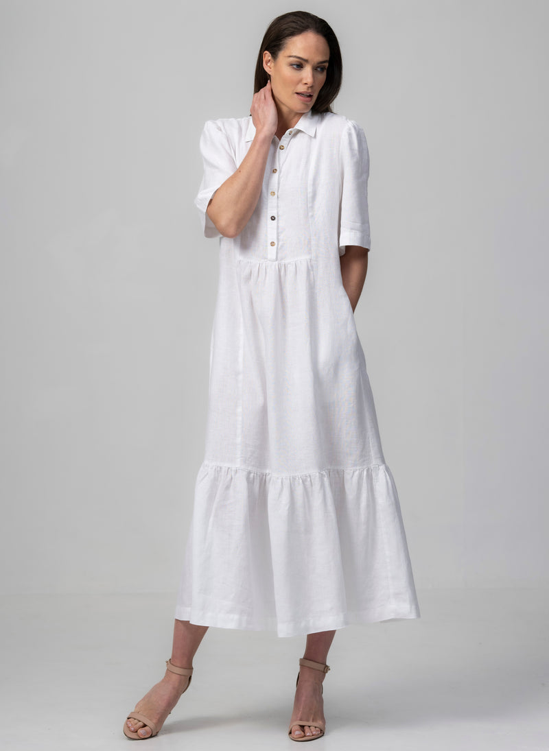 PROVENCE-II WHITE 100% LINEN EASY FIT MIDI SHIRT DRESS