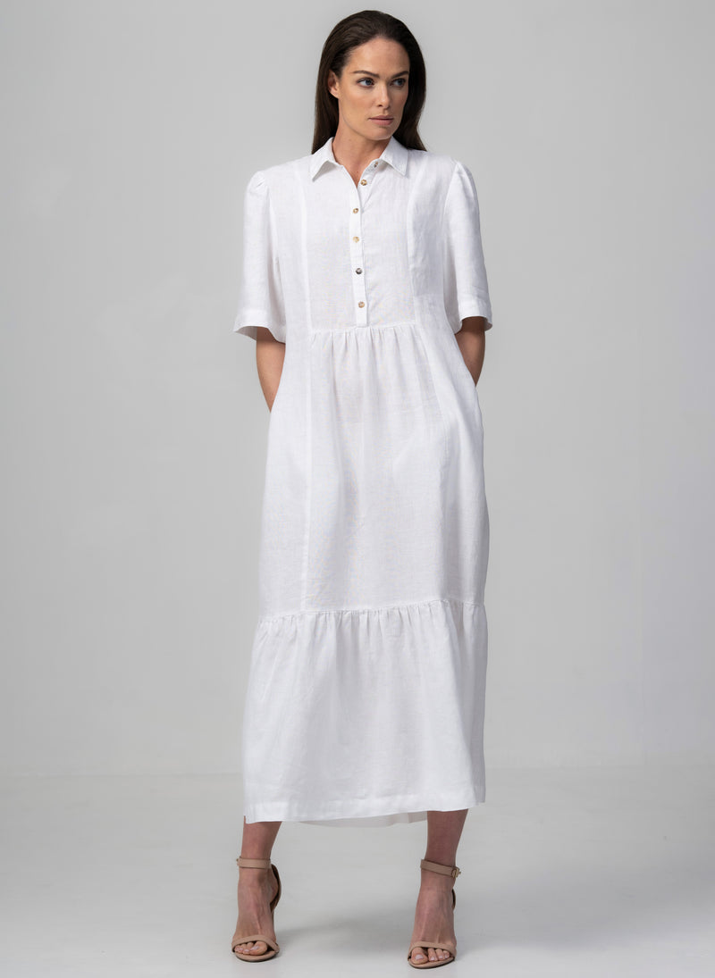 PROVENCE-II WHITE 100% LINEN EASY FIT MIDI SHIRT DRESS