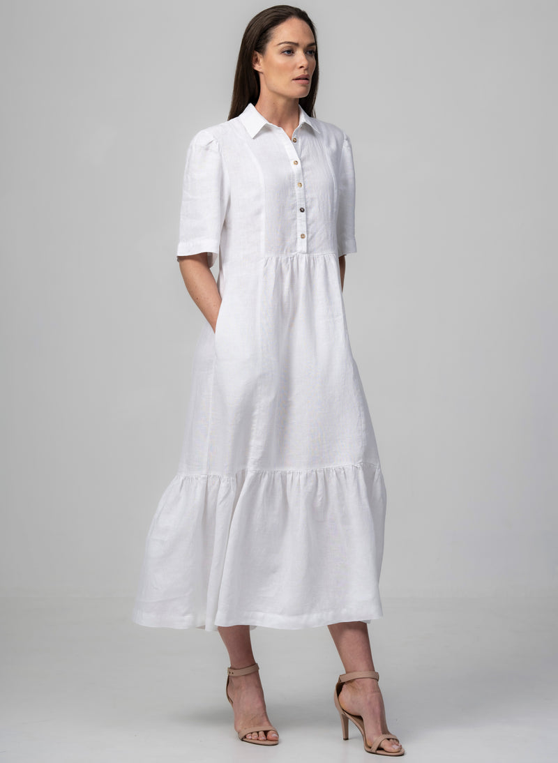 PROVENCE-II WHITE 100% LINEN EASY FIT MIDI SHIRT DRESS