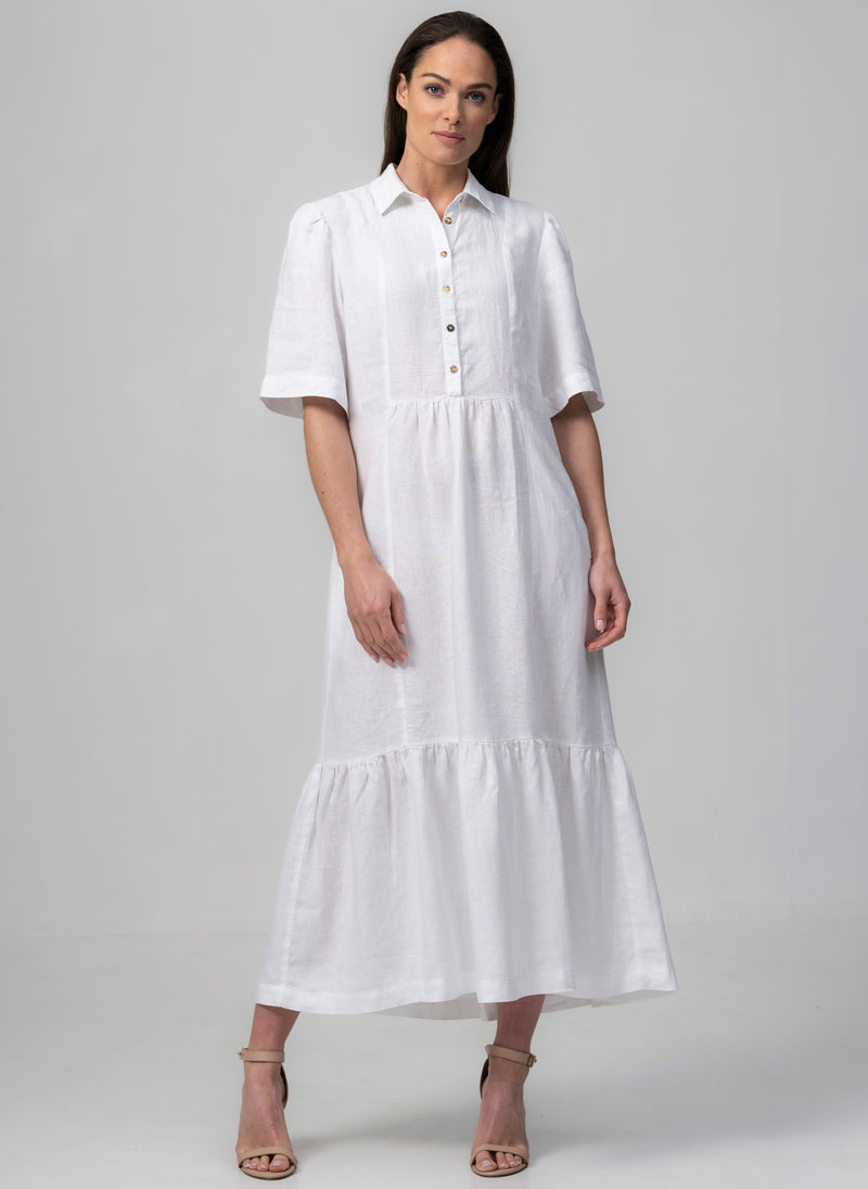 PROVENCE-II WHITE 100% LINEN EASY FIT MIDI SHIRT DRESS