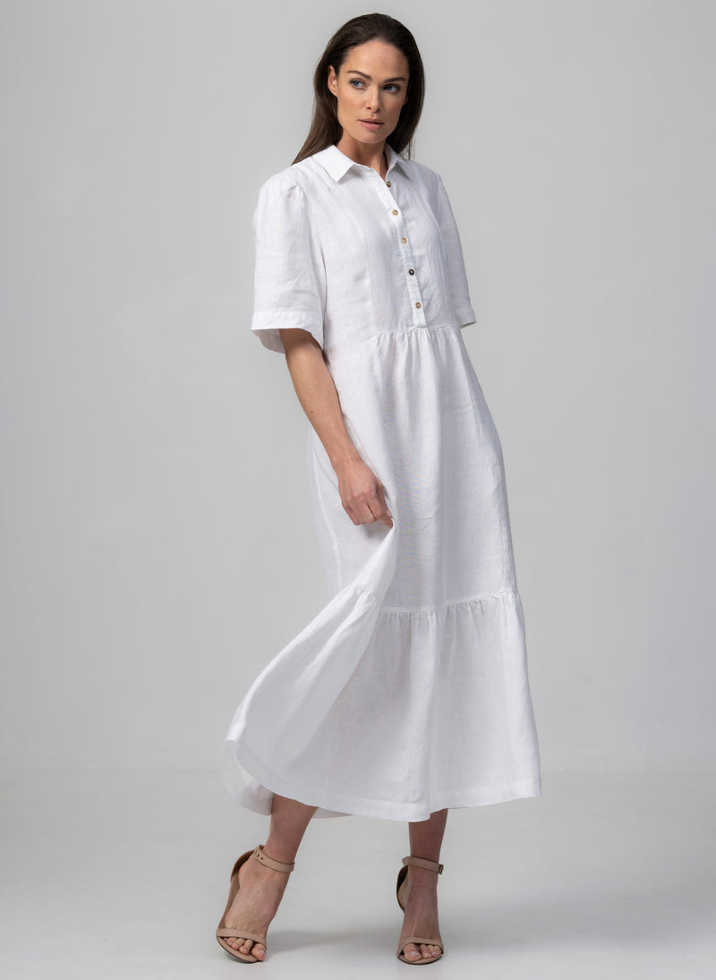 PROVENCE-II WHITE 100% LINEN EASY FIT MIDI SHIRT DRESS