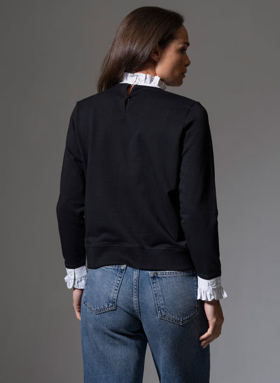 THEA BLACK WITH WHITE & BLACK STRIPE TRIM SWEATSHIRT