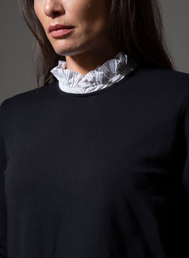 THEA BLACK WITH WHITE & BLACK STRIPE TRIM SWEATSHIRT