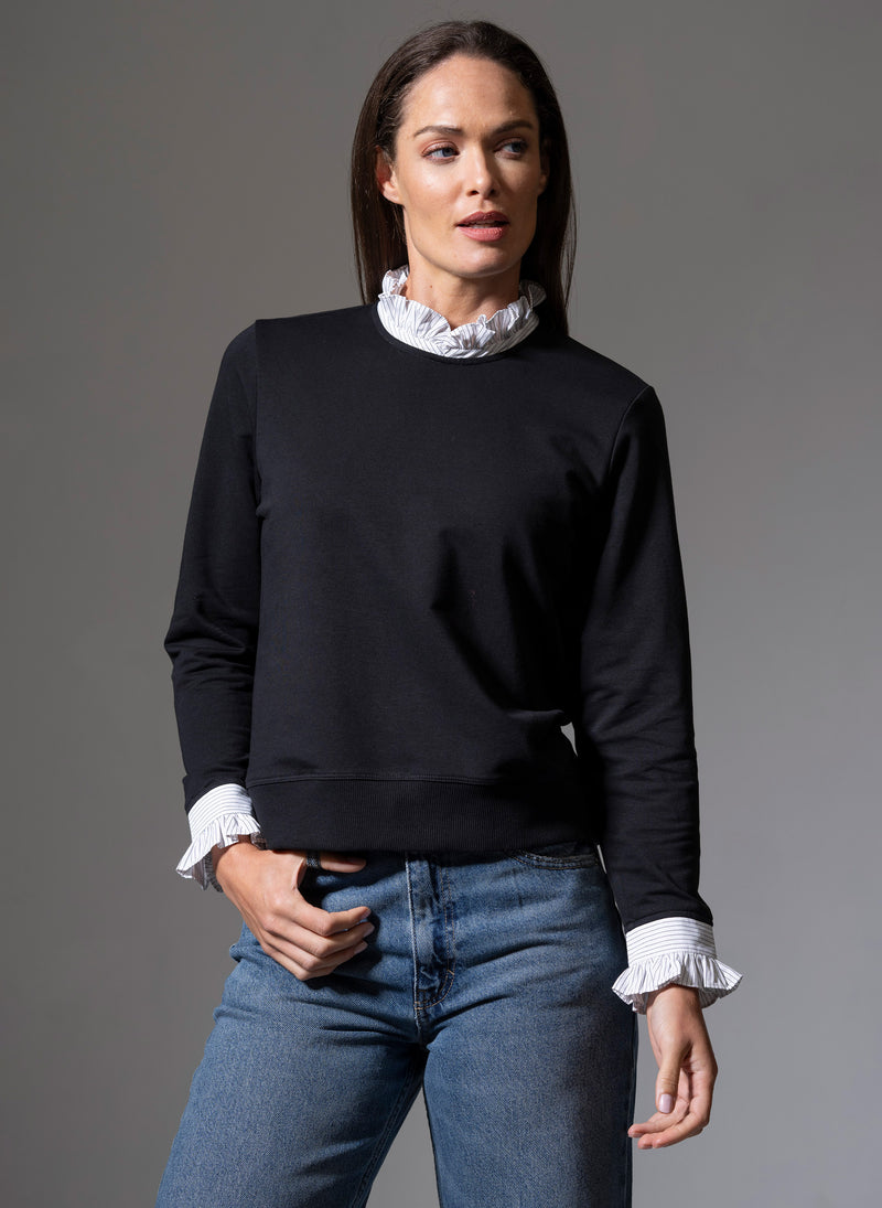 THEA BLACK WITH WHITE & BLACK STRIPE TRIM SWEATSHIRT