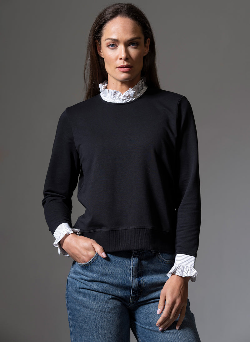 THEA BLACK WITH WHITE & BLACK STRIPE TRIM SWEATSHIRT