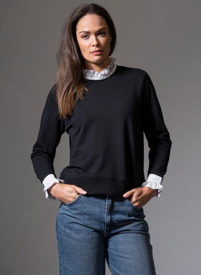 THEA BLACK WITH WHITE & BLACK STRIPE TRIM SWEATSHIRT