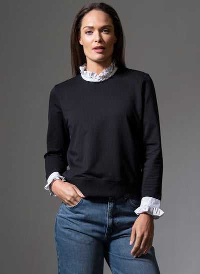 THEA BLACK WITH WHITE & BLACK STRIPE TRIM SWEATSHIRT