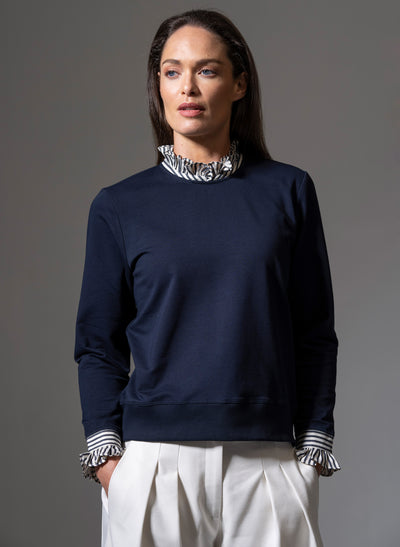 THEA NAVY WITH STONE & NAVY STRIPE TRIM SWEATSHIRT