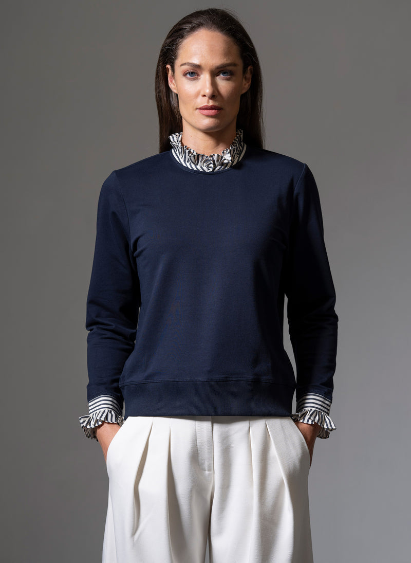 THEA NAVY WITH STONE & NAVY STRIPE TRIM SWEATSHIRT