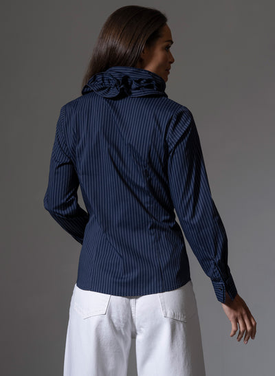 WILLOW NAVY & WHITE PINSTRIPE RUFFLE COLLAR SHIRT