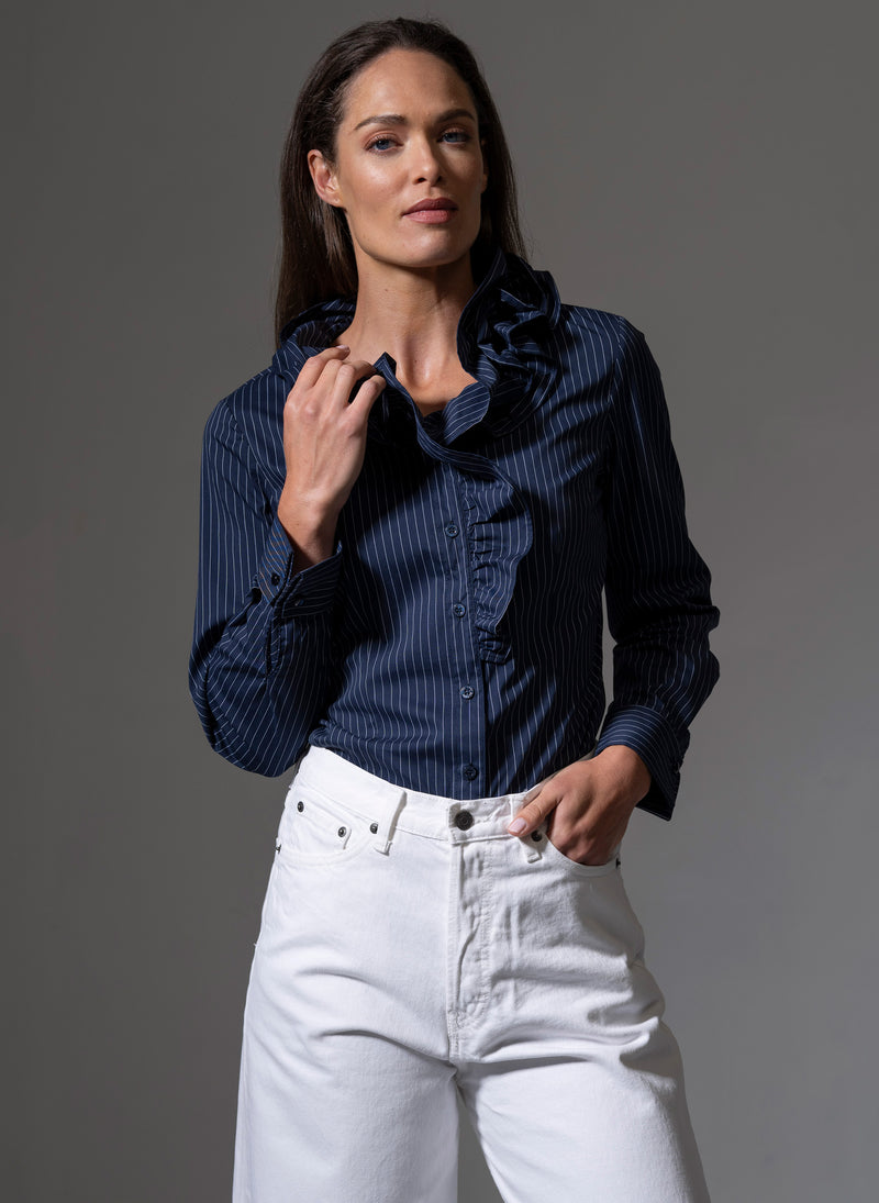 WILLOW NAVY & WHITE PINSTRIPE RUFFLE COLLAR SHIRT