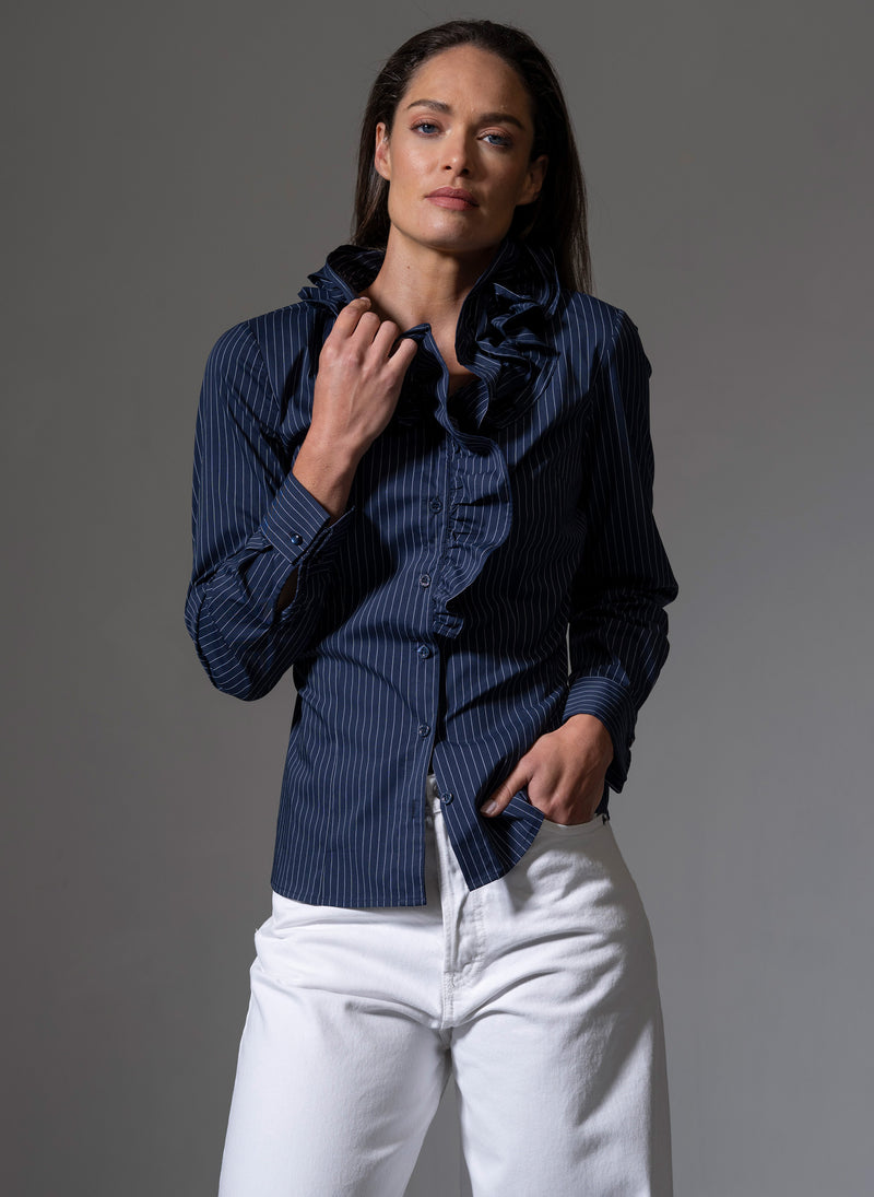 WILLOW NAVY & WHITE PINSTRIPE RUFFLE COLLAR SHIRT