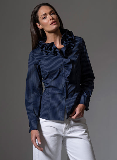 WILLOW NAVY & WHITE PINSTRIPE RUFFLE COLLAR SHIRT