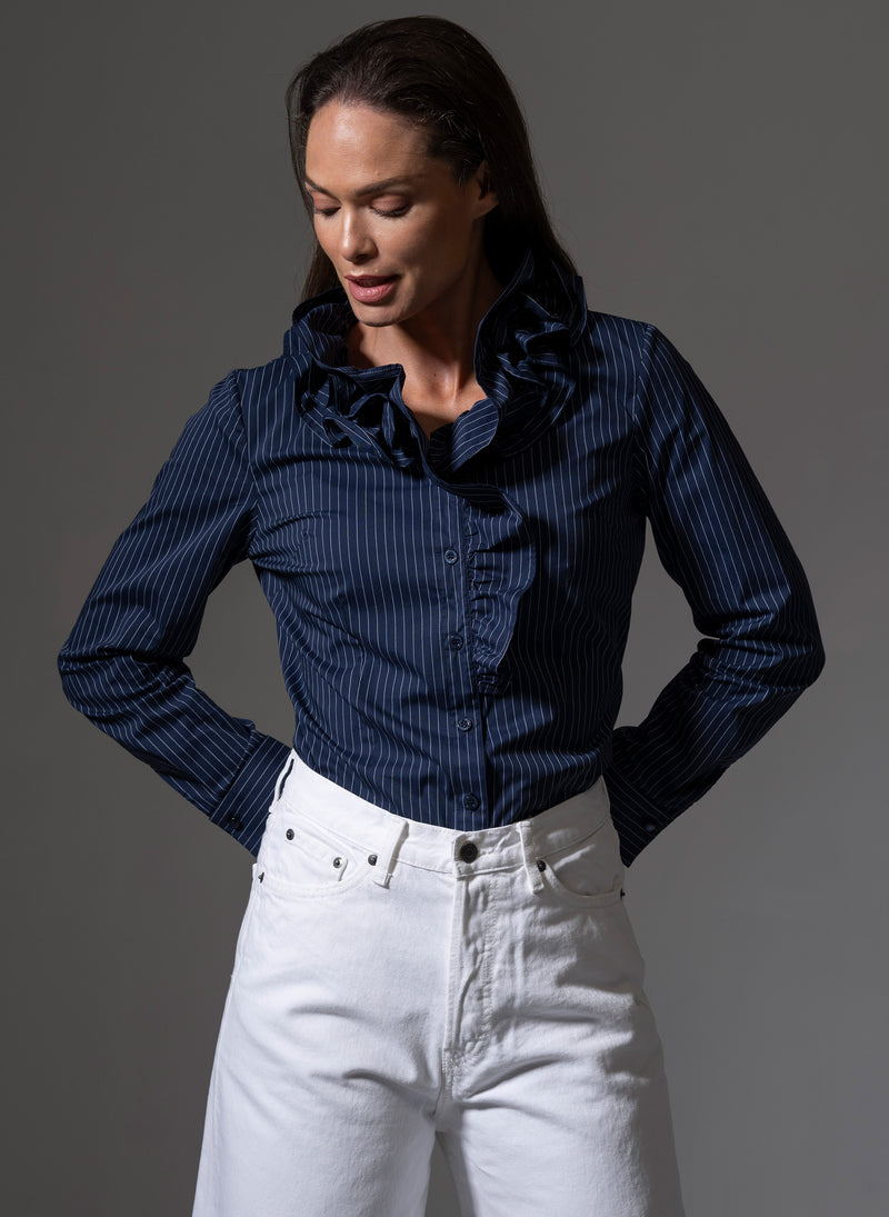 WILLOW NAVY & WHITE PINSTRIPE RUFFLE COLLAR SHIRT